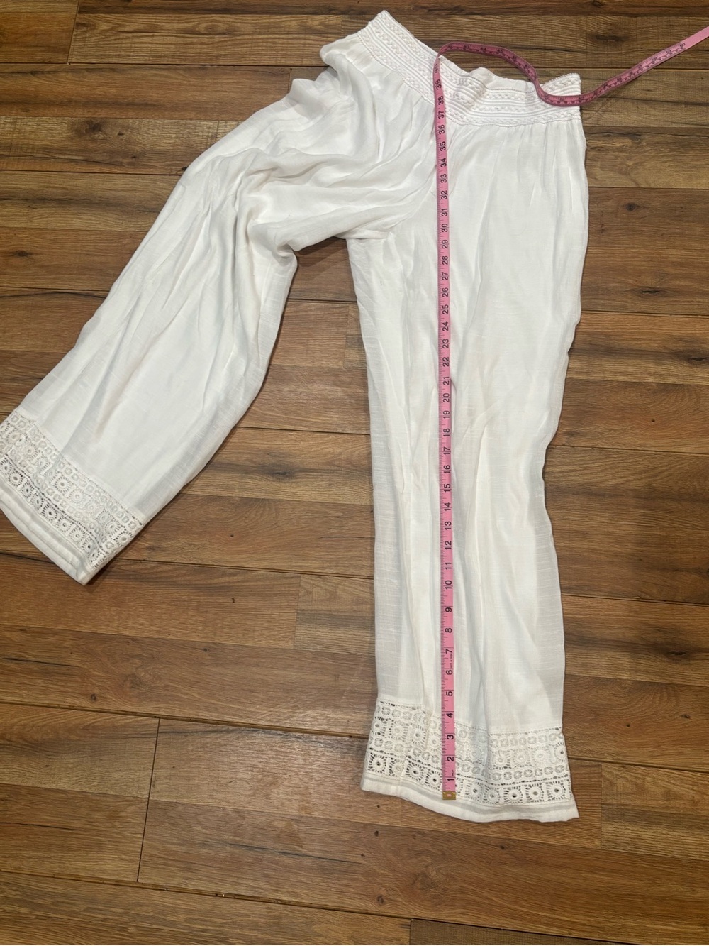JM Collection White Wide Leg Pants Small Crochet Trim Resort Coastal Boho - Picture 4 of 6